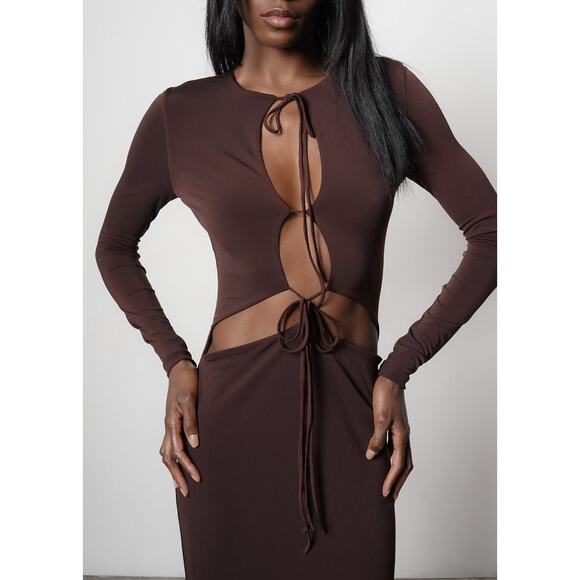 Aya Muse Perugia Dress long sleeve tie front chocolate brown size large L - Picture 3 of 16